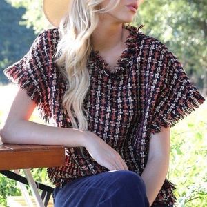 Judith March No 5 Tweed Top NEW Navy Burnt Orange Preppy Blouse Top Fringe Wool